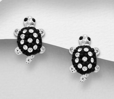 925 Sterling Silver Turtle Push-Back Earrings, Decorated with Various Colors of Crystal Glass