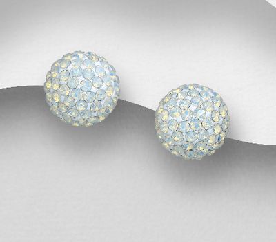 925 Sterling Silver Ball Push-Back Earrings, Decorated with Various Colors of Crystal Glass