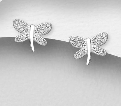 925 Sterling Silver Dragonfly Push-Back Earrings, Decorated with Crystal Glass