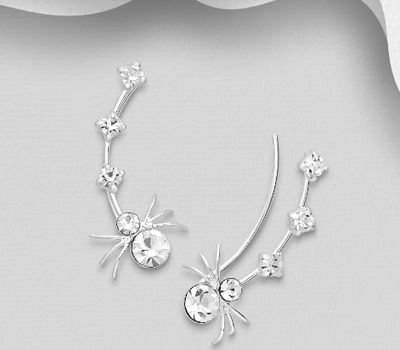 925 Sterling Silver Spider Ear Pins, Decorated with Crystal Glass