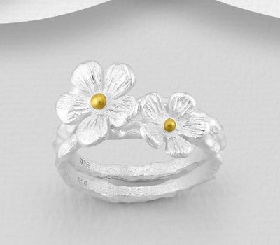 Set of 2 Stack Rings Featuring Flower, Made of 925 Sterling Silver, Pollen Plated with 1 Micron 18K Yellow Gold