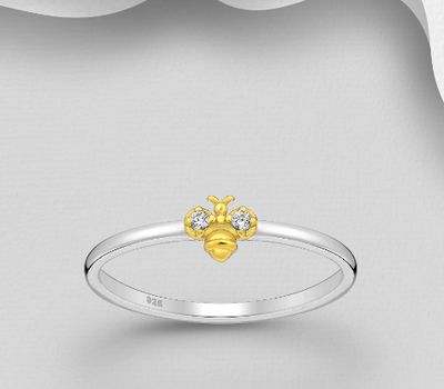 925 Sterling Silver Bee Ring, Decorated with CZ Simulated Diamonds, Bee is Plated with 1 Micron 18K Yellow Gold