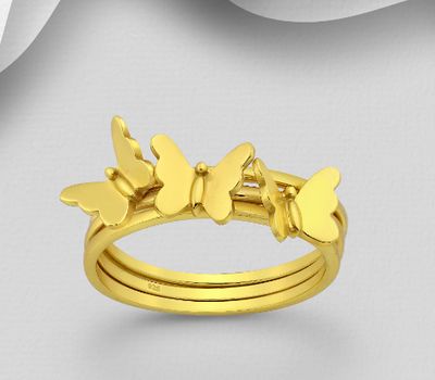 Set of 3 Rings Featuring Butterflies, Made of 925 Sterling Silver and Plated with 1 Micron 18K Yellow Gold.