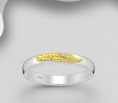 925 Sterling Silver Leaf Ring, Decorated with CZ Simulated Diamonds, Leaf is Plated with 1 Micron 18K Yellow Gold