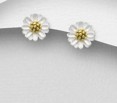 925 Sterling Silver Flower Push-Back Earrings, Plated with 1 Micron 14K or Yellow Gold