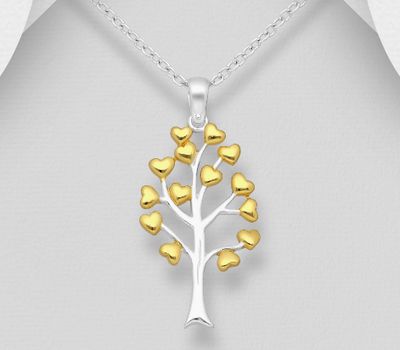 925 Sterling Silver Heart and Tree of Life Pendant, Heart Plated with 1 Micron 14K or 18K Yellow Gold