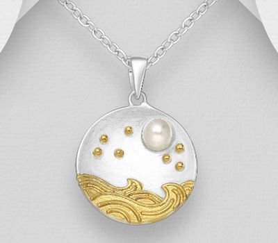 925 Sterling Silver Wave Pendant, Decorated with Freshwater Pearl, Plated with 1 Micron 14K or 18K Yellow Gold