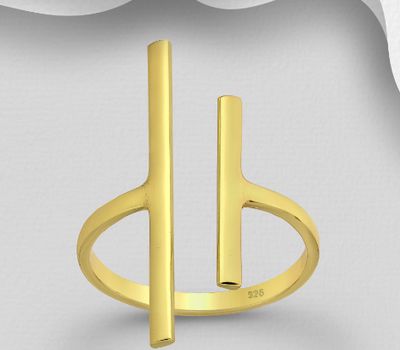 925 Sterling Silver Adjustable Bar Ring, Plated with 1 Micron 14K or 18K Yellow Gold