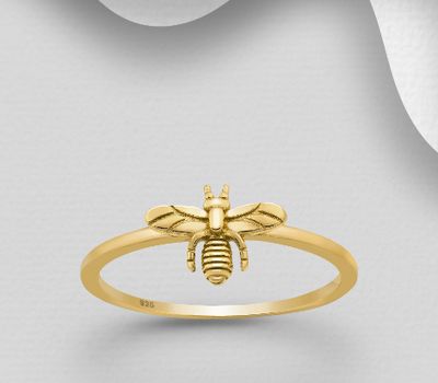 925 Sterling Silver Bee Ring, Plated with 1 Micron 18K Yellow Gold