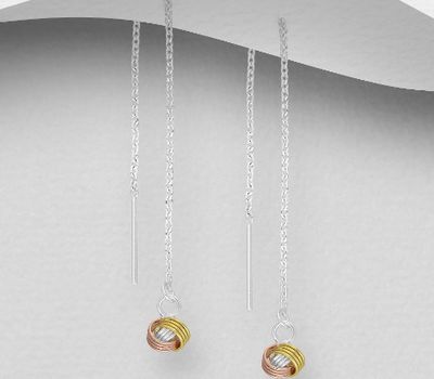 925 Sterling Silver Knot Threader Earrings, Plated with 1 Micron 18K Yellow Gold and 1 Micron Pink Gold