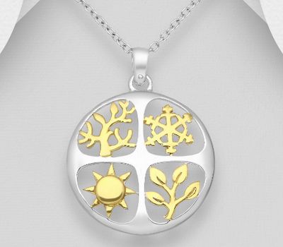925 Sterling Silver Circle Pendant, Branch, Helm, Sun and Tree Plated with 1 Micron 14K or 18K Yellow Gold