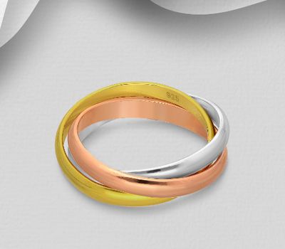 925 Sterling Silver Interlock Ring, Plated with 1 Micron 14K or 18K Yellow Gold and Pink Gold