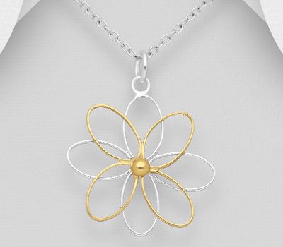 925 Sterling Silver Flower Pendant, Center Plated with 1 Micron 14K or 18K Yellow Gold