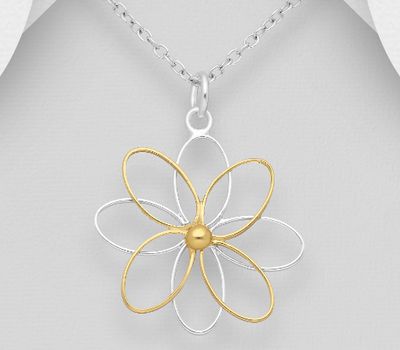 Şəkli böyütmək üçün tiklayın 925 Sterling Silver Flower Pendant, Center Plated with 1 Micron 14K or 18K Yellow Gold