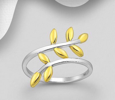 Şəkli böyütmək üçün tiklayın 925 Sterling Silver Leaf Ring, Plated with 1 Micron 14K or 18K Yellow Gold