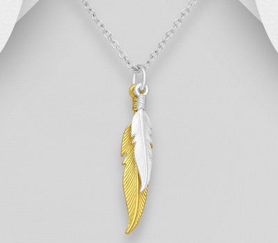 925 Sterling Silver Feather Pendant, Plated with 1 Micron 14K or 18K Yellow Gold