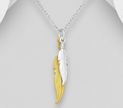 Şəkli böyütmək üçün tiklayın 925 Sterling Silver Feather Pendant, Plated with 1 Micron 14K or 18K Yellow Gold