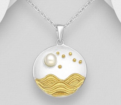 925 Sterling Silver Wave Pendant, Decorated with Freshwater Pearl, Plated with 1 Micron 14K or 18K Yellow Gold