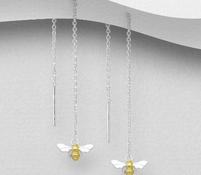 925 Sterling Silver Bee Threader Earrings, Plated with 1 Micron 14K or 18K Yellow Gold