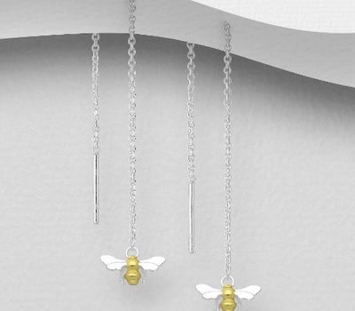 Şəkli böyütmək üçün tiklayın 925 Sterling Silver Bee Threader Earrings, Plated with 1 Micron 14K or 18K Yellow Gold