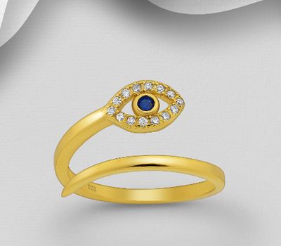 925 Sterling Silver Adjustable Evil Eye Ring Decorated with CZ Simulated Diamonds, Plated with 1 Micron 18K Yellow Gold