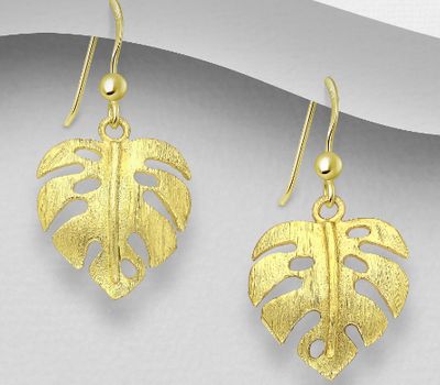 925 Sterling Silver Leaf Hook Earrings, Plated with 1 Micron 14K Yellow Gold Matt