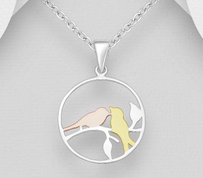 Şəkli böyütmək üçün tiklayın 925 Sterling Silver Circle Birds Pendant, Birds Plated with 1 Micron 18K Yellow and Pink Gold
