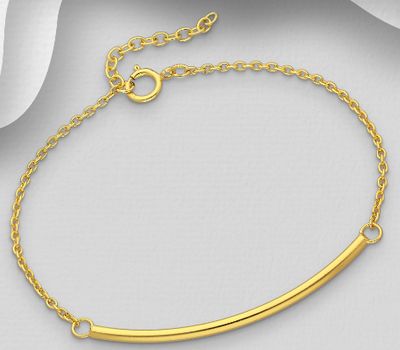 925 Sterling Silver Curved Bar Bracelet, Plated with 1 Micron 18K Yellow Gold