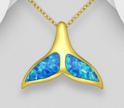 925 Sterling Silver Whale Tail Pendant Decorated with Lab-Created Opal, Plated with 1 Micron 18K Yellow Gold