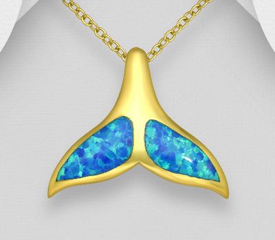 Şəkli böyütmək üçün tiklayın 925 Sterling Silver Whale Tail Pendant Decorated with Lab-Created Opal, Plated with 1 Micron 18K Yellow Gold