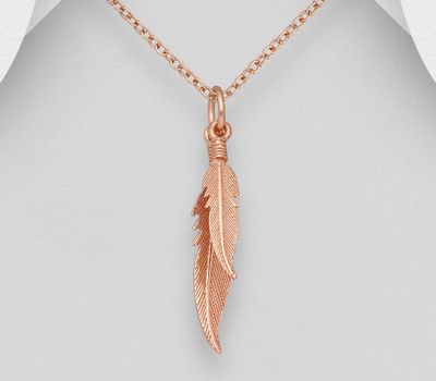 925 Sterling Silver Feather Pendant, plated with 1 Micron Pink Gold