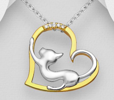 925 Sterling Silver Cat and Heart Pendant, Decorated with CZ Simulated Diamonds, Heart Plated with 1 Micron 14K or 18K Yellow Gold