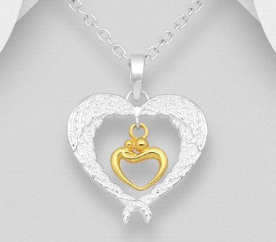 925 Sterling Silver Heart Wings, Mom and Child Pendant, Mom and Child Charm Plated with 1 Micron 18K Yellow Gold