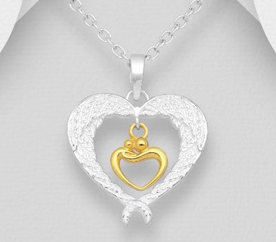 Şəkli böyütmək üçün tiklayın 925 Sterling Silver Heart Wings, Mom and Child Pendant, Mom and Child Charm Plated with 1 Micron 18K Yellow Gold