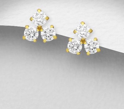 925 Sterling Silver Push-Back Earrings Decorated with CZ Simulated Diamonds, Plated with 1 Micron 14K or 18K Yellow Gold