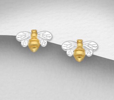 925 Sterling Silver Bee Push-Back Earrings, Center Plated with 1 Micron Yellow Gold