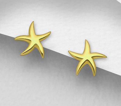 925 Sterling Silver Starfish Push-Back Earrings, Plated with 1 Micron 14K or 18K Yellow Gold