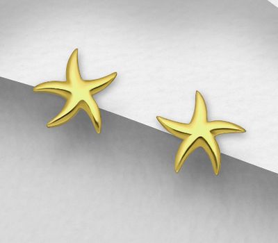 Şəkli böyütmək üçün tiklayın 925 Sterling Silver Starfish Push-Back Earrings, Plated with 1 Micron 14K or 18K Yellow Gold