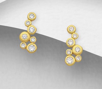 925 Sterling Silver Bubbles Push-Back Earrings, Decorated with CZ Simulated Diamonds, Plated with 1 Micron 14K or 18K Yellow Gold