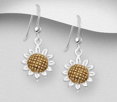925 Sterling Silver Sunflower Hook Earrings, Pollen Plated with 1 Micron 14K or 18K Yellow Gold