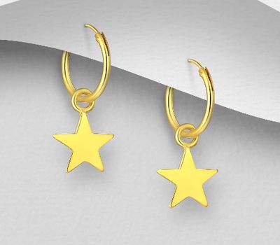 925 Sterling Silver Hoop Earrings with Star Charm, Plated with 1 Micron 14K or 18K Yellow Gold