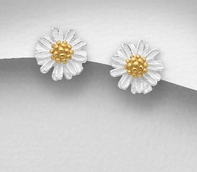 925 Sterling Silver Flower Push-Back Earrings, Pollen Plated with 1 Micron 18K Yellow Gold