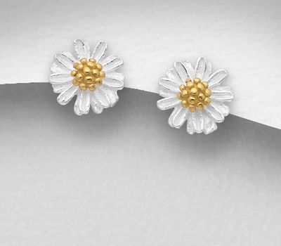 Şəkli böyütmək üçün tiklayın 925 Sterling Silver Flower Push-Back Earrings, Pollen Plated with 1 Micron 18K Yellow Gold