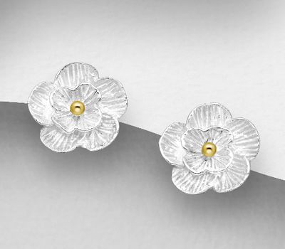 925 Sterling Silver Flower Push-Back Earrings, Pollen Plated with 1 Micron 14K or 18K Yellow Gold