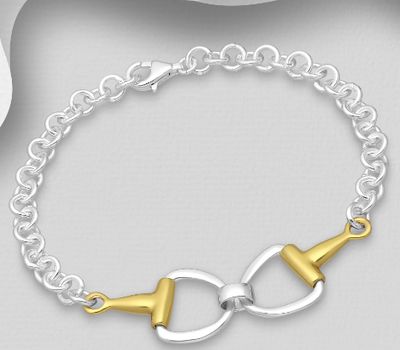 925 Sterling Silver Horse Snaffle Bracelet, Plated with 1 Micron 14K or 18K Yellow Gold
