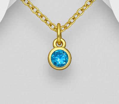 925 Sterling Silver Solitaire Birthstone Pendant, Decorated with Various Color CZ Simulated Diamond, Plated with 1 Micron 14K or 18K Yellow Gold