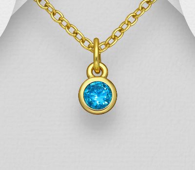 Şəkli böyütmək üçün tiklayın 925 Sterling Silver Solitaire Birthstone Pendant, Decorated with Various Color CZ Simulated Diamond, Plated with 1 Micron 14K or 18K Yellow Gold