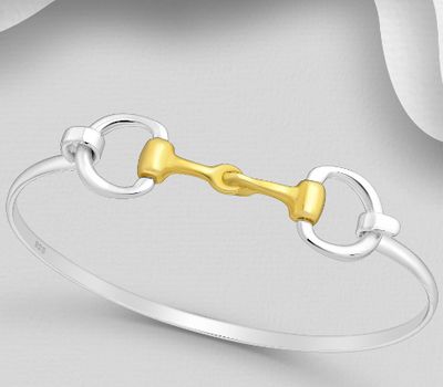 925 Sterling Silver Horse Snaffle Bangle, Plated with 1 Micron 14K or 18K Yellow Gold