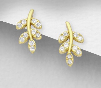 925 Sterling Silver Leaf Push-Back Earrings Decorated with CZ Simulated Diamonds, Plated with 1 Micron 18K Yellow Gold