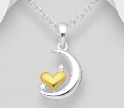 925 Sterling Silver Moon, Star and Heart Pendant, Heart Plated with 1 Micron 14K or 18K Yellow Gold